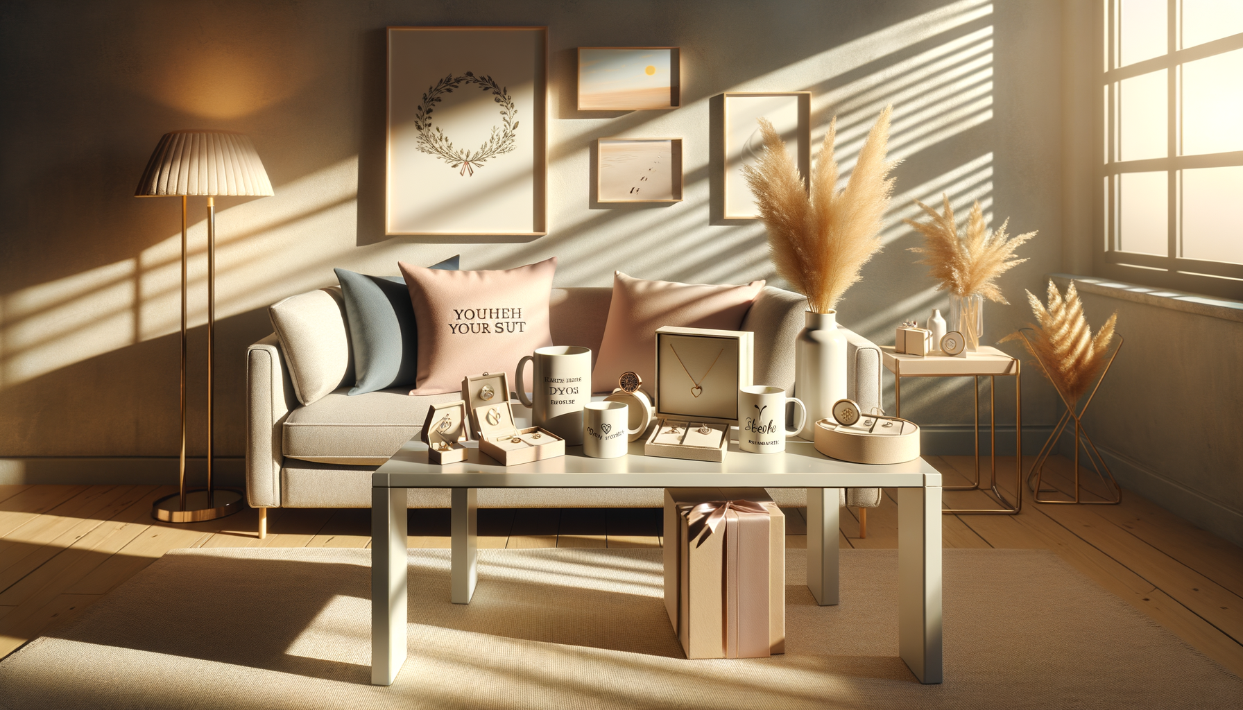 personalized gifts on a pastel table in bright, modern sunlight with cozy textures