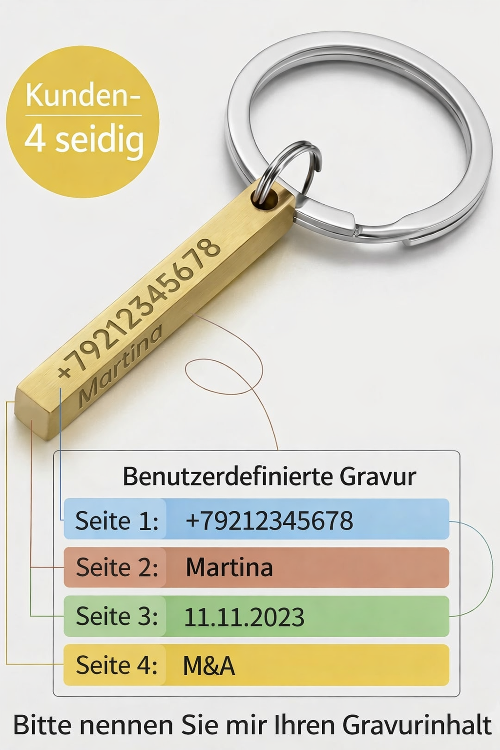 Personalisierter Schlüsselanhänger 4-seitig graviert | Edelstahl Geschenk Zonify