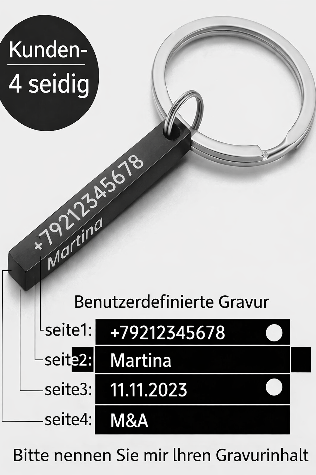 Personalisierter Schlüsselanhänger 4-seitig graviert | Edelstahl Geschenk