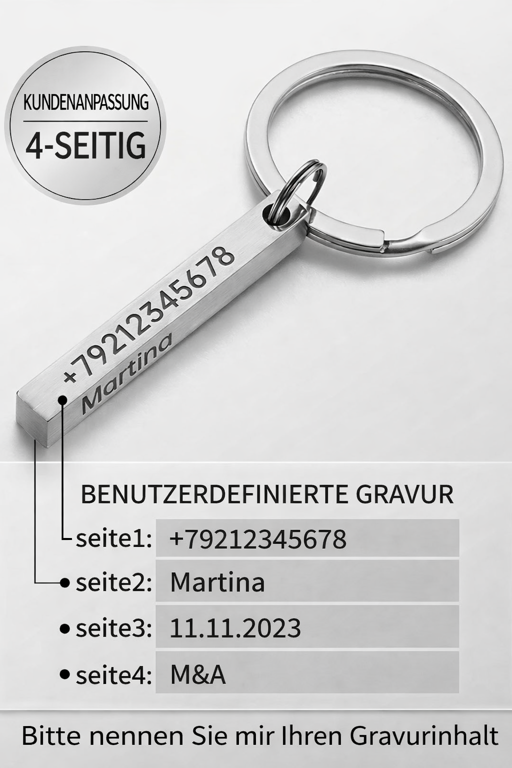 Personalisierter Schlüsselanhänger 4-seitig graviert | Edelstahl Geschenk